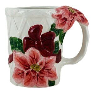 Allure Poinsettia Mug Cup1999 Sculpted Glossy Finish Ivory Pink Red VIntage